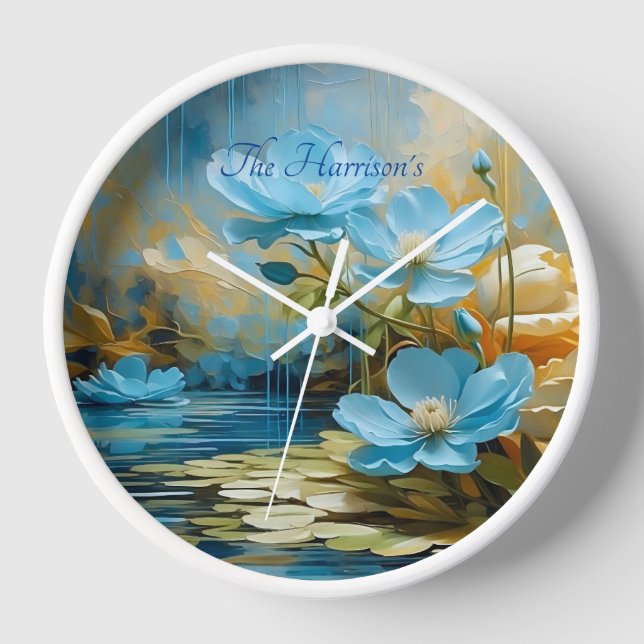Reloj de pared editable de flores azules coloridas (Anverso)