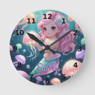 Reloj de pared editable de sirena y medusa