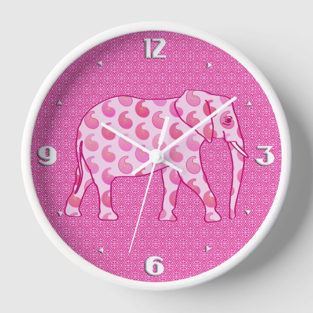 Reloj De Pared elefante de paisley - rosa hielo y fucsia (Anverso)