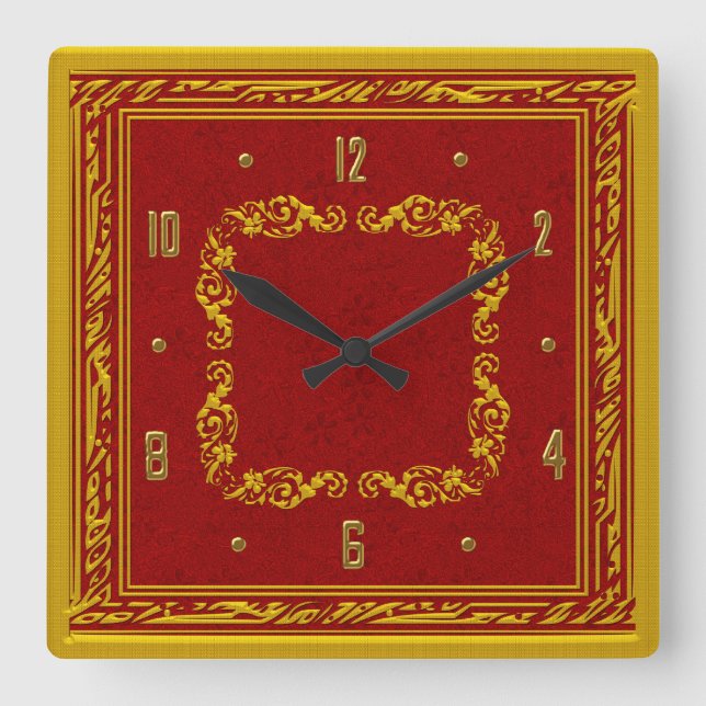 Reloj de pared elegante rojo y amarillo dorado (Anverso)