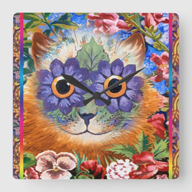 Reloj de pared enrrollado del gato de la flor de (Anverso)