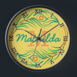 Reloj De Pared Esténcil monograma de pluma de pavo real Art Deco<br><div class="desc">Este bonito y moderno diseño de reloj de pared con esténcil de decorar luce el estilo Art Decó y Art Nouveau de los años 20. En el centro, puedes añadir tu nombre y monograma dentro del círculo hecho de una pluma abstracta de pavo real floreciente. Los números del reloj son...</div>