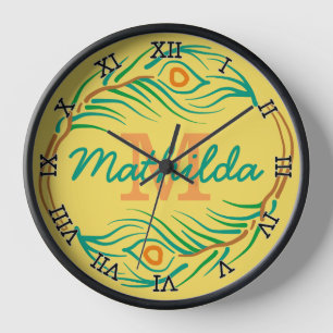 Reloj De Pared Esténcil monograma de pluma de pavo real Art Deco