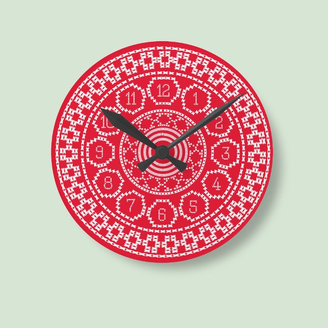 Reloj de pared estilo Sweater de la Cruz Roja (A red and white cross stitch style clock just for you)