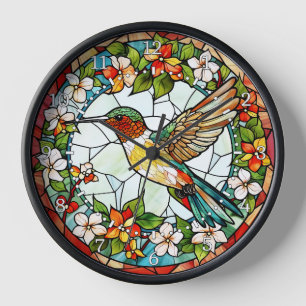 Reloj de pared estilo vidrio emplomado de colibrí