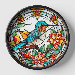 Reloj de pared estilo vidrio emplomado de colibrí