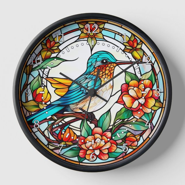 Reloj de pared estilo vidrio emplomado de colibrí (Anverso)