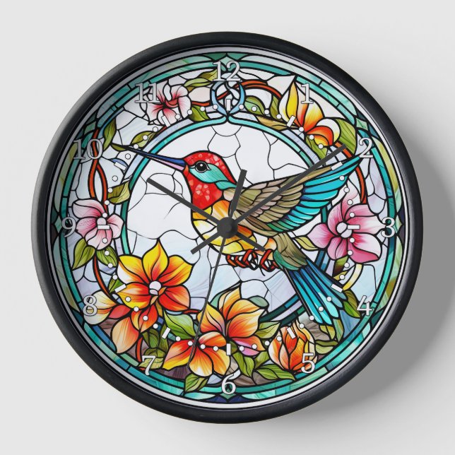 Reloj de pared estilo vidrio emplomado de colibrí (Anverso)