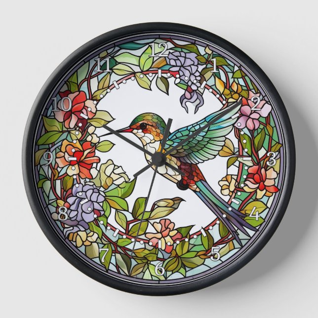 Reloj de pared estilo vidrio emplomado de colibrí (Anverso)
