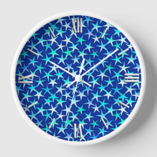 Reloj De Pared Estrellas de satén, azul pálido sobre cobalto