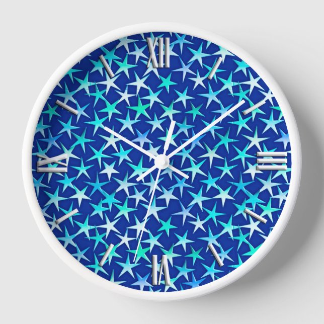 Reloj De Pared Estrellas satinadas, azul pálido sobre cobalto (Anverso)