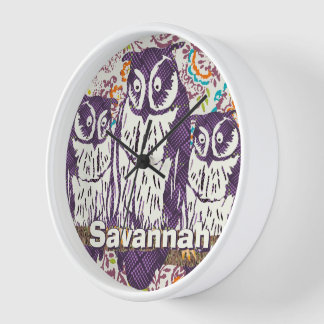 Reloj De Pared Familia de búhos geométricos con estilo morado