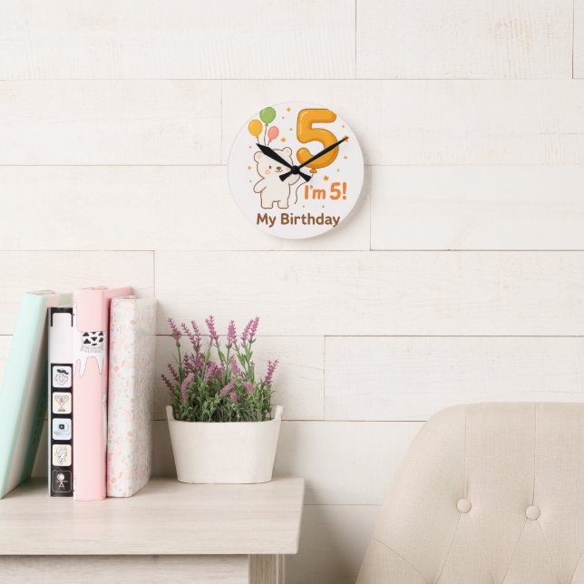 Reloj de pared Feliz 5º Cumpleaños – Globo de colo (Sala de lectura)