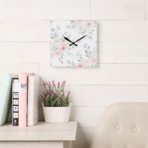 Reloj de pared floral acuarela - rosa pastel y ver