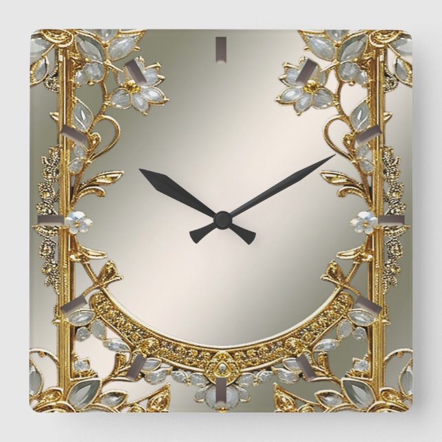 Reloj de pared floral blanco ornato dorado (Anverso)