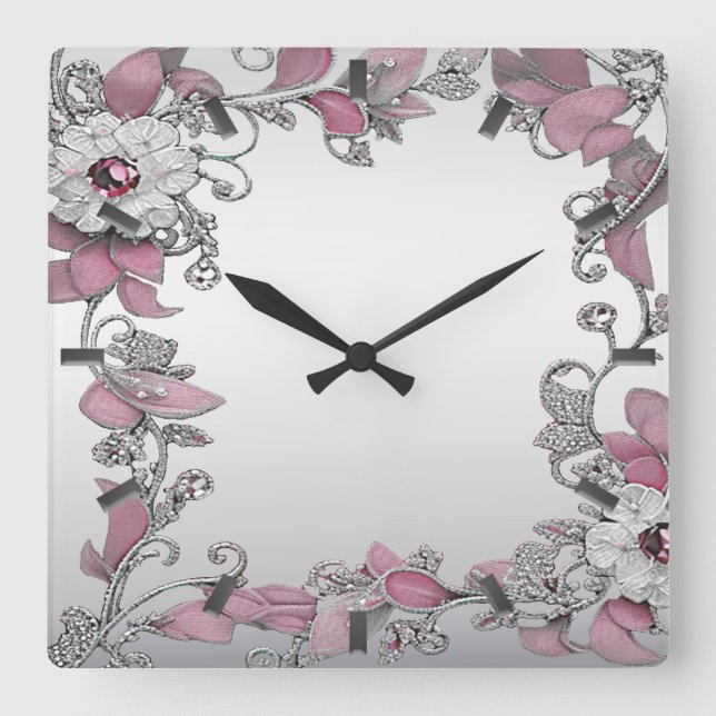 Reloj de pared floral blanco rosado plateado (Anverso)