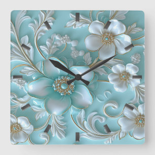 Reloj de pared floral blanco verde azulado