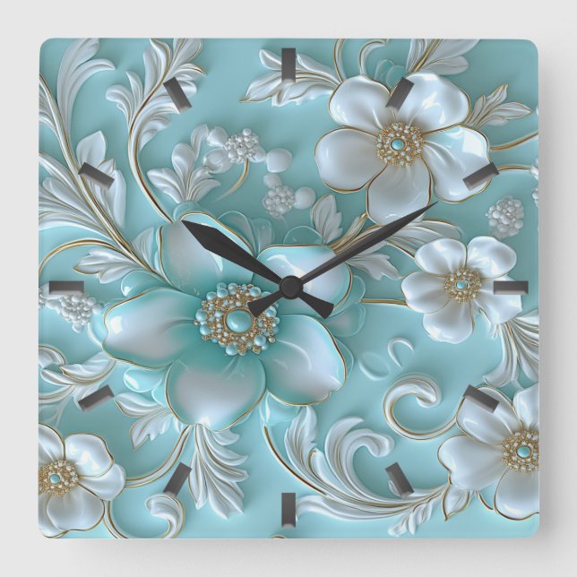 Reloj de pared floral blanco verde azulado (Anverso)