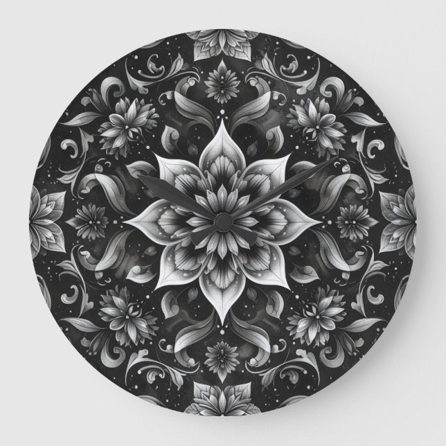 Reloj de pared floral blanco y negro ordenado (Anverso)