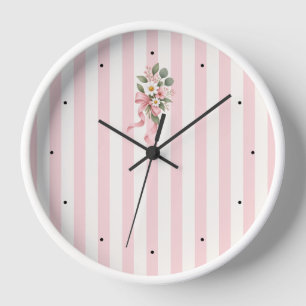 Reloj de pared floral con rayas rosadas botánico