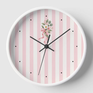 Reloj de pared floral con rayas rosadas botánico