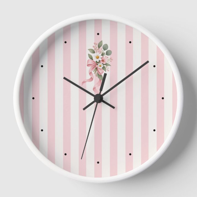 Reloj de pared floral con rayas rosadas botánico (Anverso)