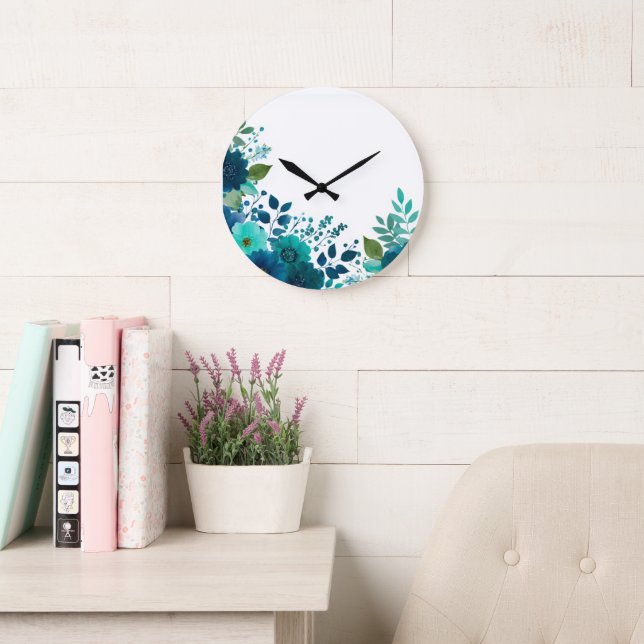 Reloj de pared floral de acuarela en azul turquesa (Sala de lectura)