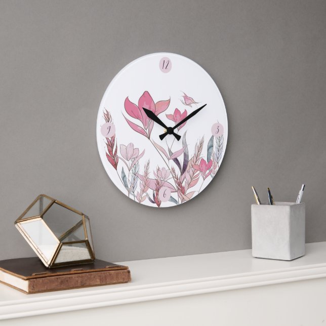 Reloj de pared floral de acuarela – Reloj grande e (Oficina)