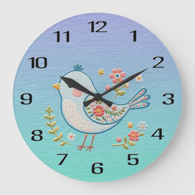 Reloj de pared floral de ave azul pequeño (Anverso)