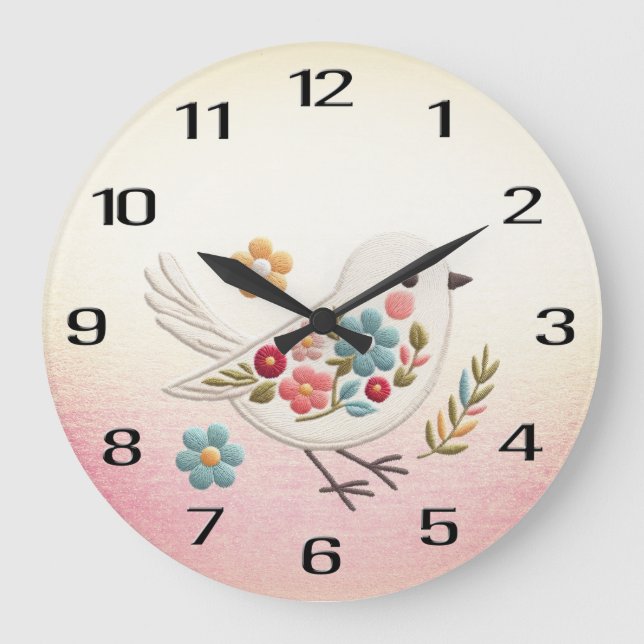 Reloj de pared floral de ave blanca pequeña (Anverso)
