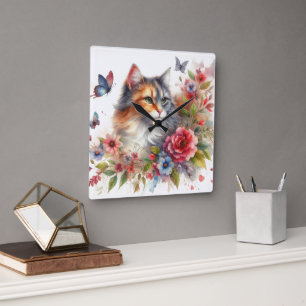 Reloj de pared floral de gato calico