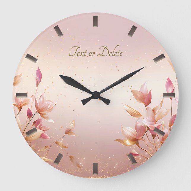 Reloj de pared floral de hojas doradas rosadas (Anverso)