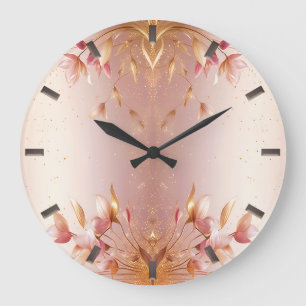 Reloj de pared floral de hojas doradas rosadas
