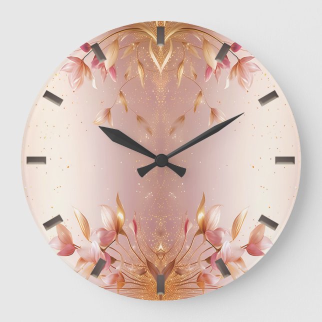 Reloj de pared floral de hojas doradas rosadas (Anverso)