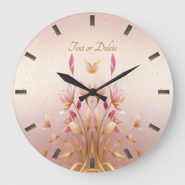 Reloj de pared floral de hojas doradas rosadas (Anverso)
