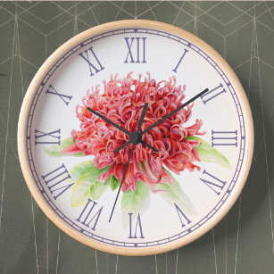 Reloj de pared floral de la acuarela roja del