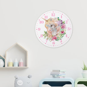 Reloj de pared floral de unicornio para niños