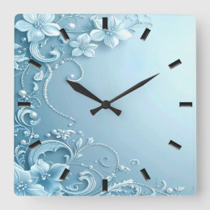 Reloj de pared floral decorativo azul