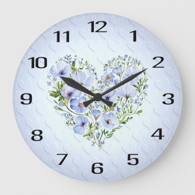 Reloj de pared floral del corazón azul (Anverso)