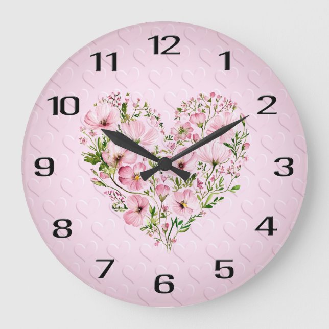Reloj de pared floral del corazón rosado (Anverso)