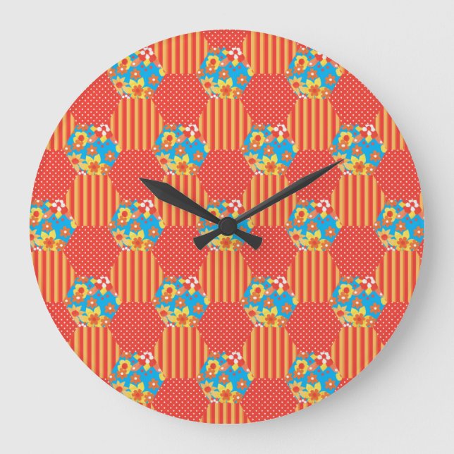 Reloj de pared, floral Naranja y patchwork de polk (Anverso)