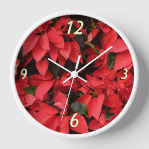 Reloj De Pared Floral navideña de Navidades de la Poinsettias Roj