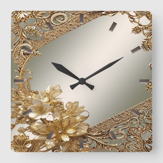 Reloj de pared floral ornato de oro moderno (Anverso)