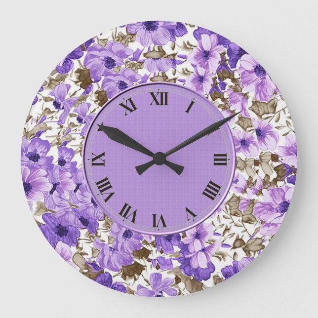 Reloj de pared floral púrpura y blanco bonito (Anverso)