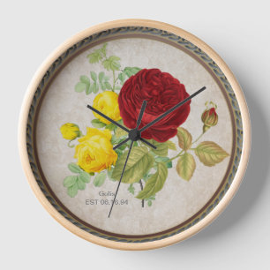 Reloj de pared floral rosa roja amarilla vintage