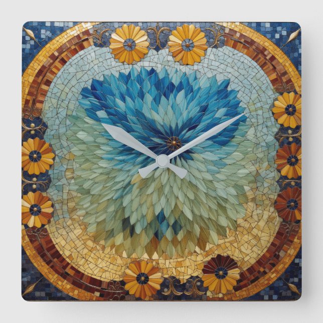 Reloj de pared floral verde azul mosaico (Anverso)