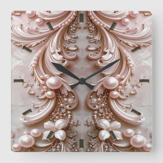 Reloj de pared floral y perla ornamentada rosa
