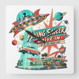 Reloj de pared Flying Saucer Drive-In Vintage de l
