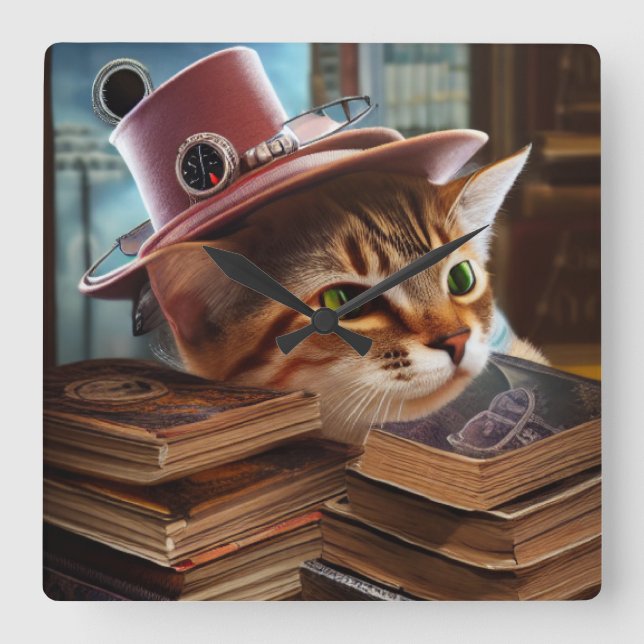 Reloj de pared gato Steampunk con libros (Anverso)