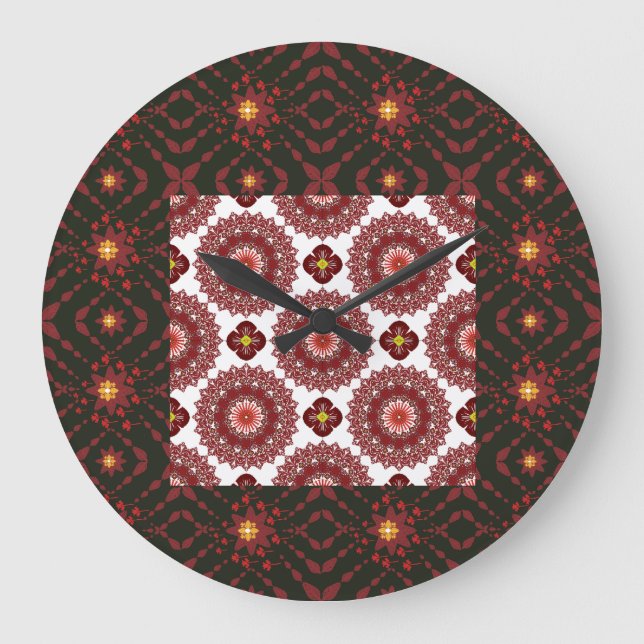 Reloj de pared geométrico mandala rojo oscuro eleg (Anverso)